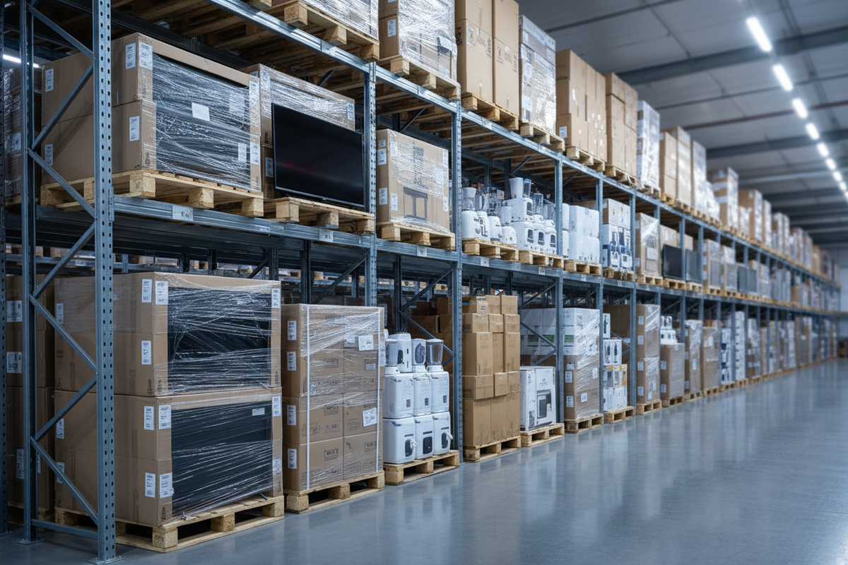 A high-resolution photograph of a modern warehouse environment, showing a long row of neatly stacked mixed pallets containing assorted electronics (TVs, monitors, small appliances) and FMCG cartons. Cool grey–blue industrial tones, soft overhead lighting, clean polished floor, slight depth of field, and an organized, professional look. The scene should feel premium and consistent with earlier InfraTrade images, but with a different angle — more horizontal, wider framing, and no people. No text, no branding.