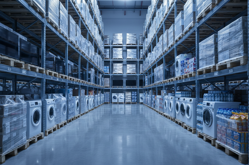 A high-resolution warehouse scene with stacked pallets wrapped in plastic, containing mixed goods (electronics, home appliances, FMCG). Clean, organized shelves, soft cool lighting, and a modern, professional feel. Styled similar to earlier generated InfraTrade cards (blue-grey tones, industrial clean aesthetic). No text on image."